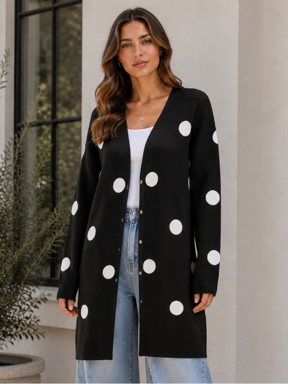 ShopEvelynne Black Cardigan with White Polka Dots
